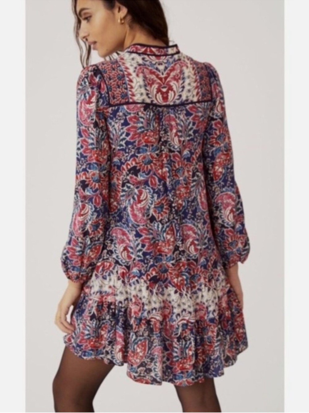 Anthropologie Spliced Tunic Dress Boho Floral Tie-Neck Mini Dress in Red / Blue - Picture 2 of 9